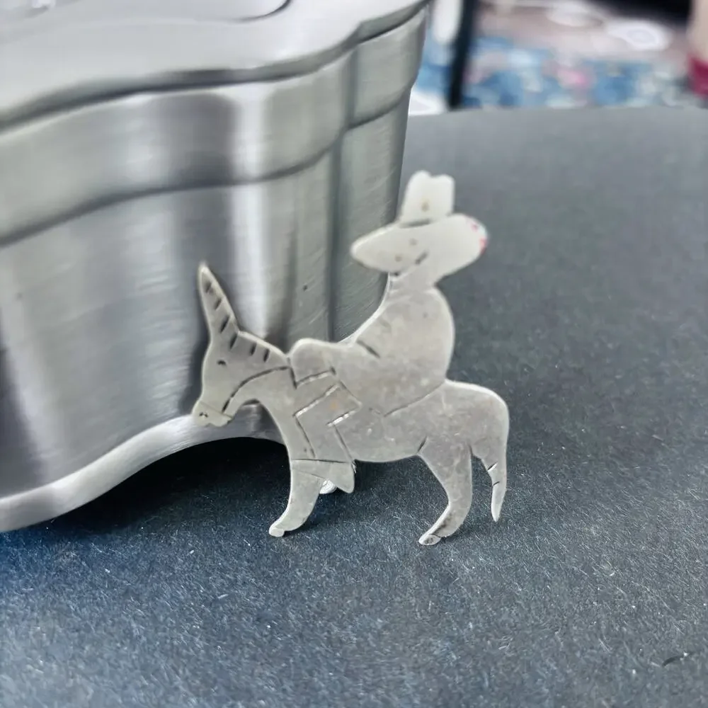 Vintage Cowboy Riding Burro Donkey Brooch Pin Folk Art Style Unmarked